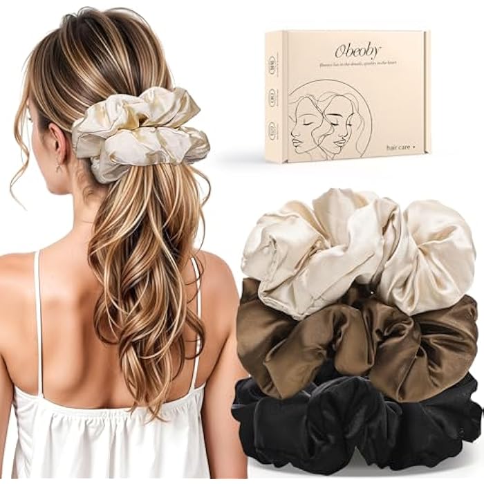 obeoby 3Pcs Large Satin Hair Scrunchies, 6Inch Pillow Satin Scrunchies for Thick Curls Sleepy Hair Tie Valentines Gifts - Image 1